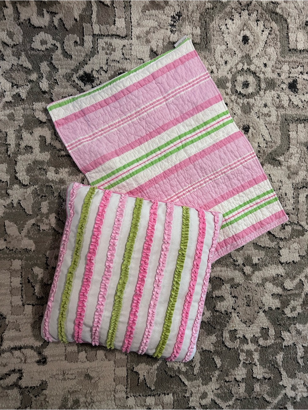 Levtex Pink, White and Green Striped Quilted Pillowcase and Throw